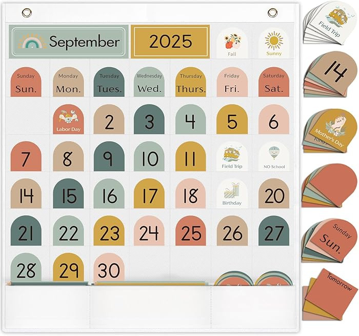 Classroom Monthly Calendar Pocket Chart for Kids Learning, 105 Cards Wall Boho Calendar and Weath... | Amazon (US)