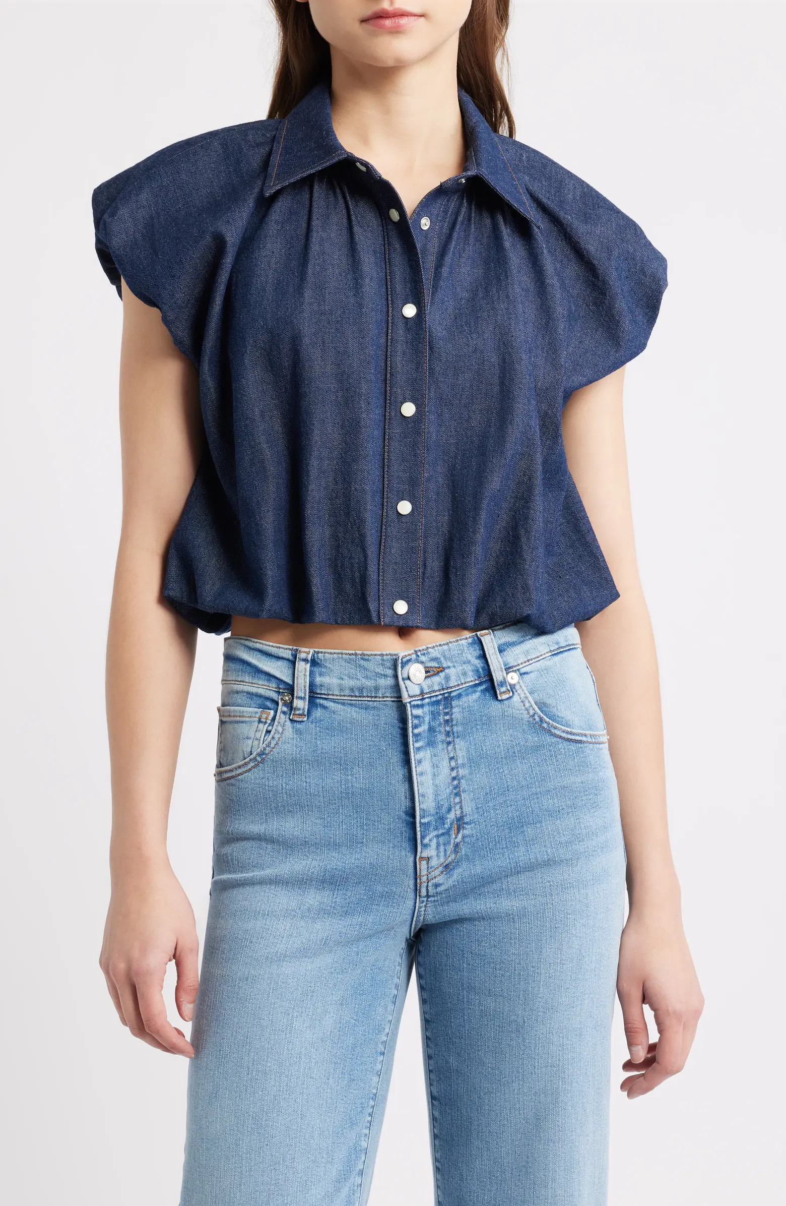 The Shell Denim Puff Sleeve Crop Top | Nordstrom
