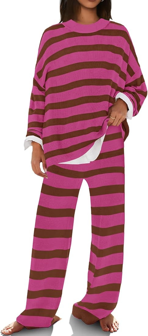 SENSERISE Womens Lounge Sets Oversized Sweater Set Striped Long Sleeve Tops and Pants Pajamas wit... | Amazon (US)