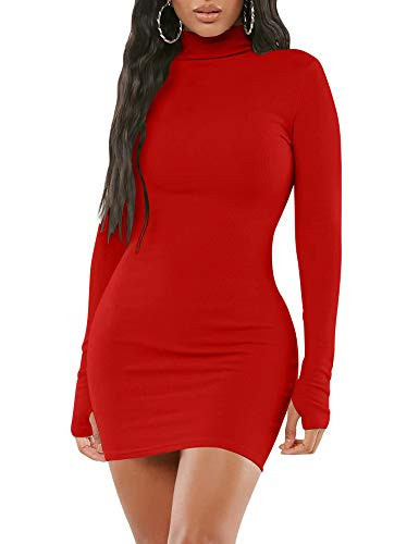 Mizoci Women's Sexy Bodycon Mini Club Dresses Basic Long Sleeve Turtleneck Dress,Small,Red | Amazon (US)