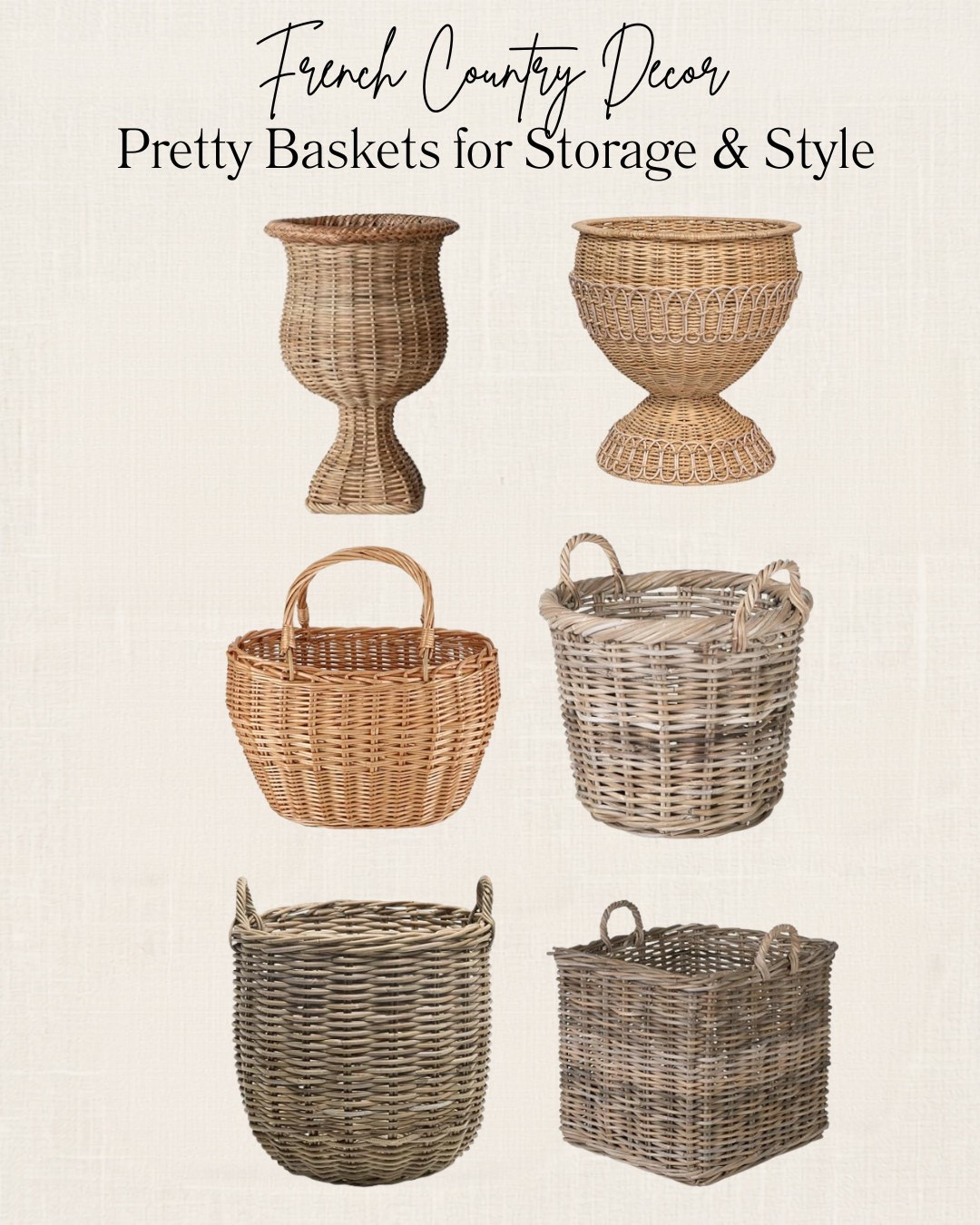 Loving all these beautiful baskets! I love you using baskets around the house for practical storage that just looks pretty and timeless! The one with handles is currently being used at the bottom of my stairs as a catchall for stuff that needs to go upstairs! 


#frenchcountrydecor #baskets #prettystorage