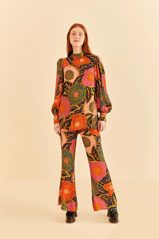Multicolor Vintage Garden Satin Flare Pants | FarmRio (US)