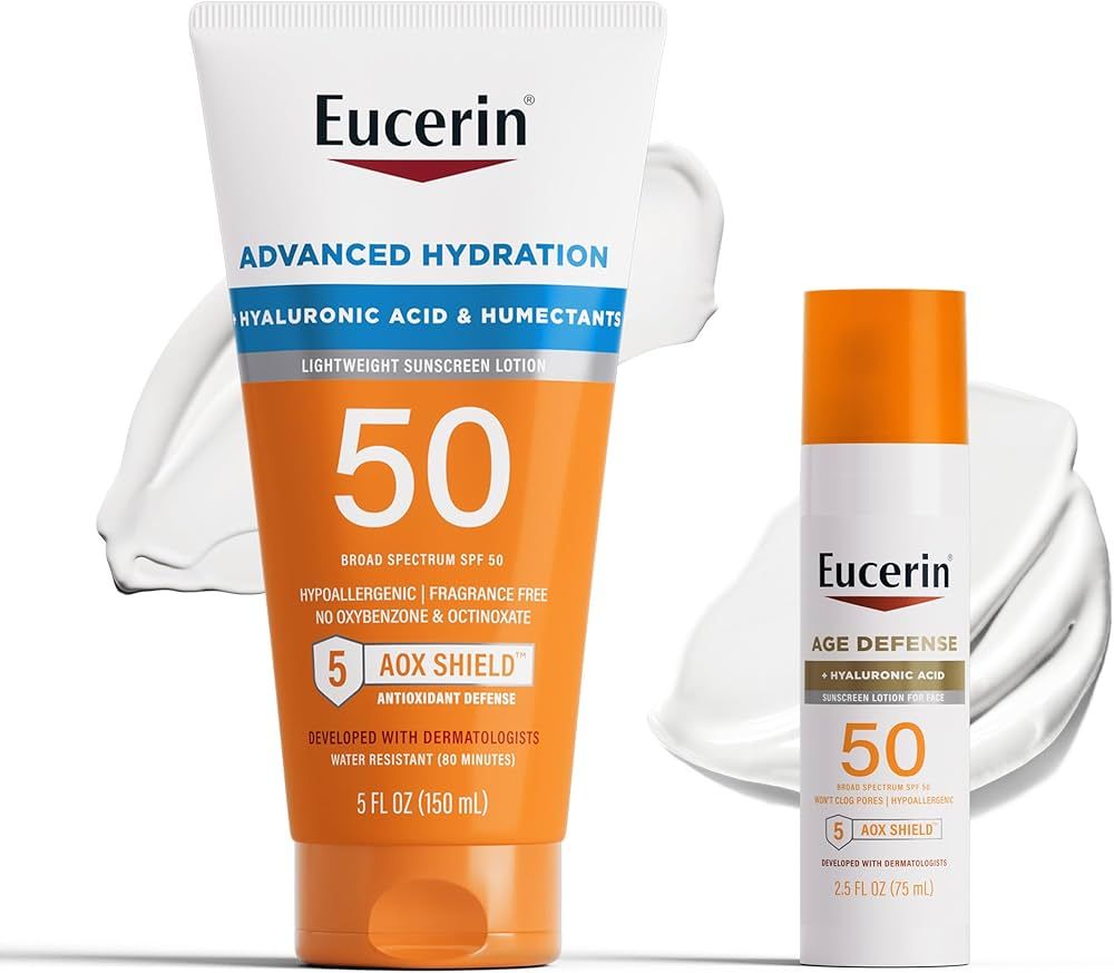 Eucerin Sun Sunscreen Pack with Hyaluronic Acid, Advanced Hydration SPF 50 Sunscreen Lotion, 5 Fl... | Amazon (US)