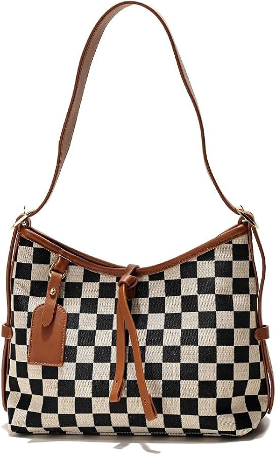 Checkered Tote Bag for Women Hobo Bag Purse 2025 Fall Checkered Shoulder Bag for College Work Tra... | Amazon (US)