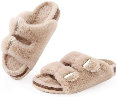 KIDMI Fuzzy Slippers Women with Cork Footbed Fluffy Slides Open Toe Indoor House Shoes | Arch Sup... | Amazon (US)