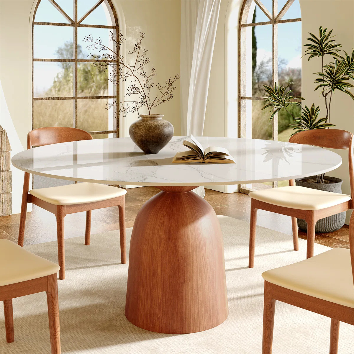 Mid-Century Modern Round Dining Table, 39"/43"/47"/53"/59" Sintered Stone Top, Solid Wood Base, F... | Wayfair North America