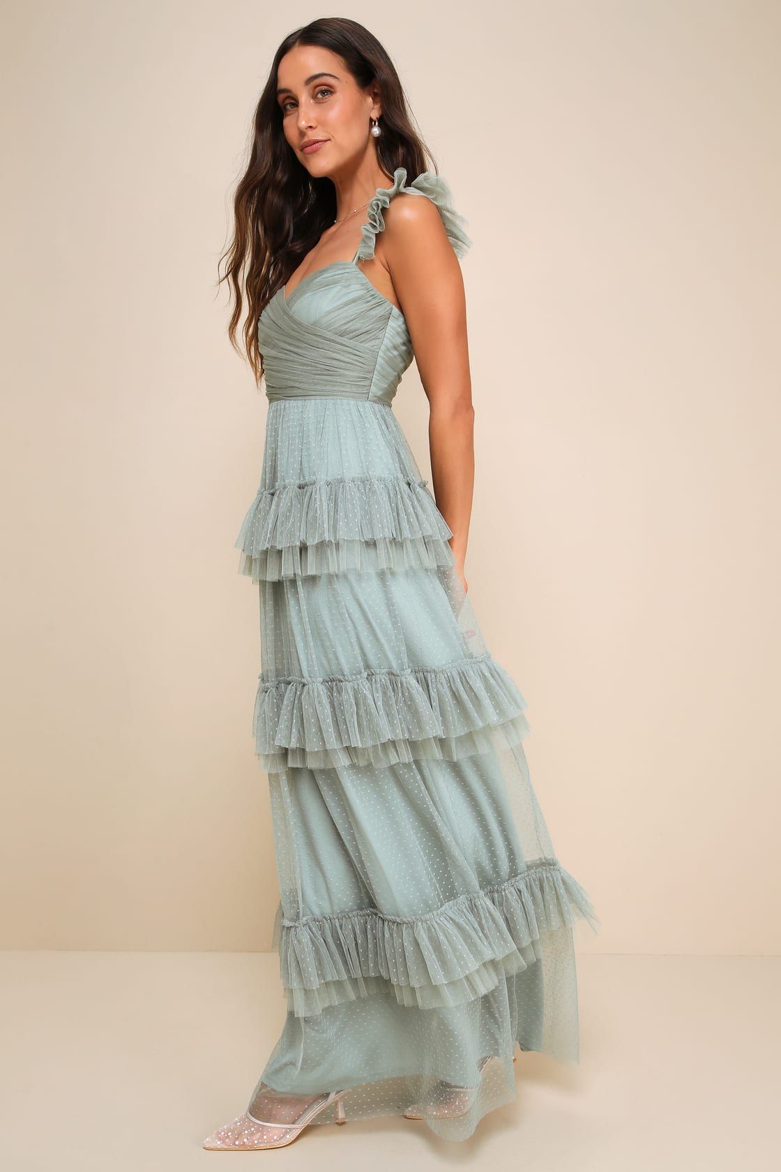 Pure Radiance Sage Brush Mesh Swiss Dot Tiered Maxi Dress | Lulus