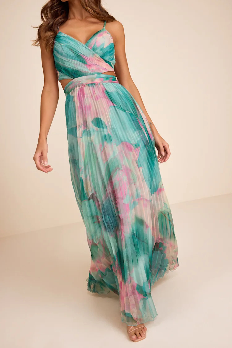 Estelle Teal Blue Floral Pleated Cutout Maxi Dress | Lulus