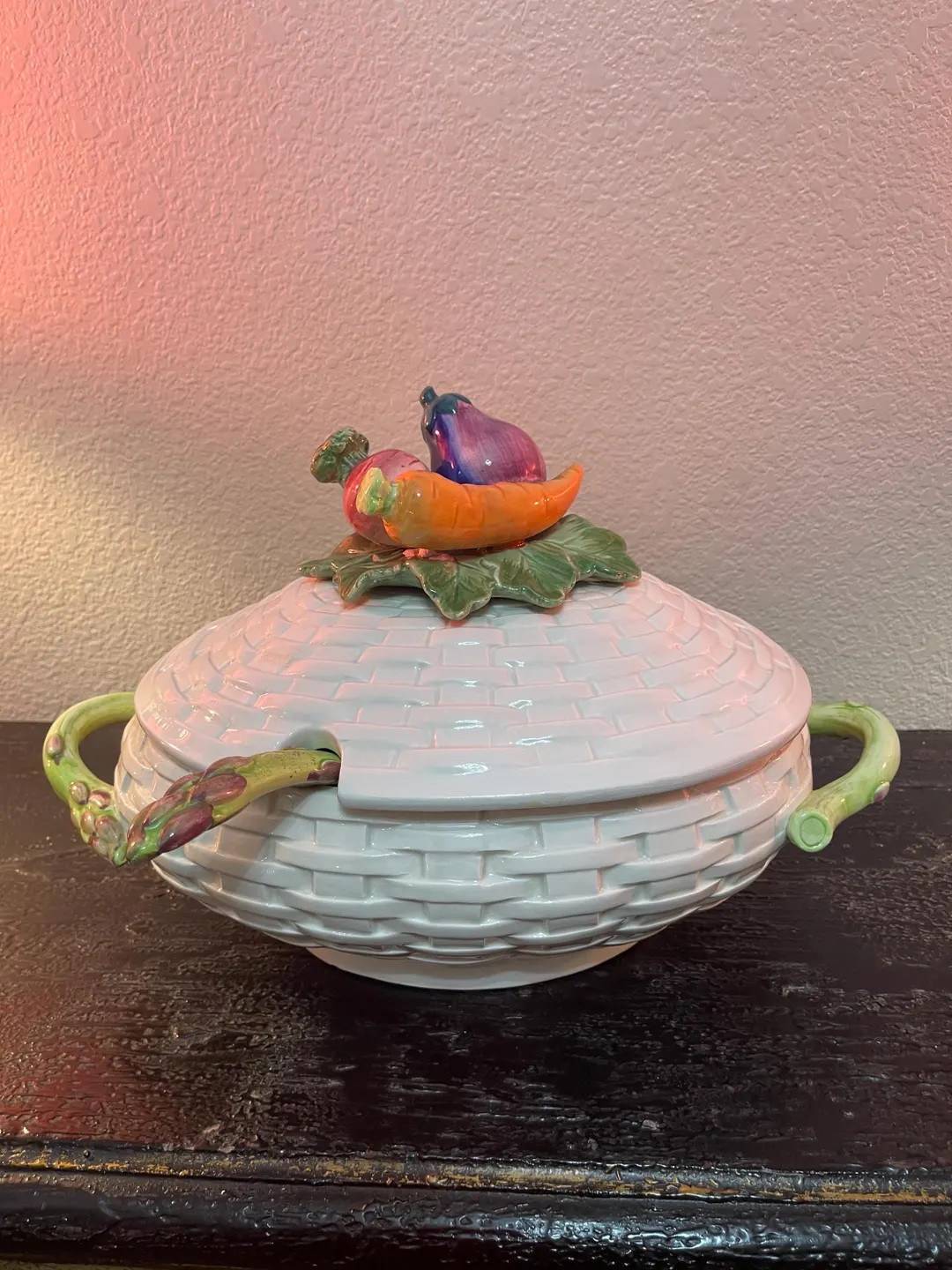 vintage Fitz and Floyd Kitchen Harvest vegetable soup tureen from 1984 featuring a white basketwe... | Etsy (Global)