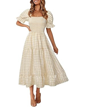 MEROKEETY Women's Plaid Square Neck Ruffle Puff Sleeve Midi Dress Summer Boho Backless Smocked Dr... | Amazon (US)