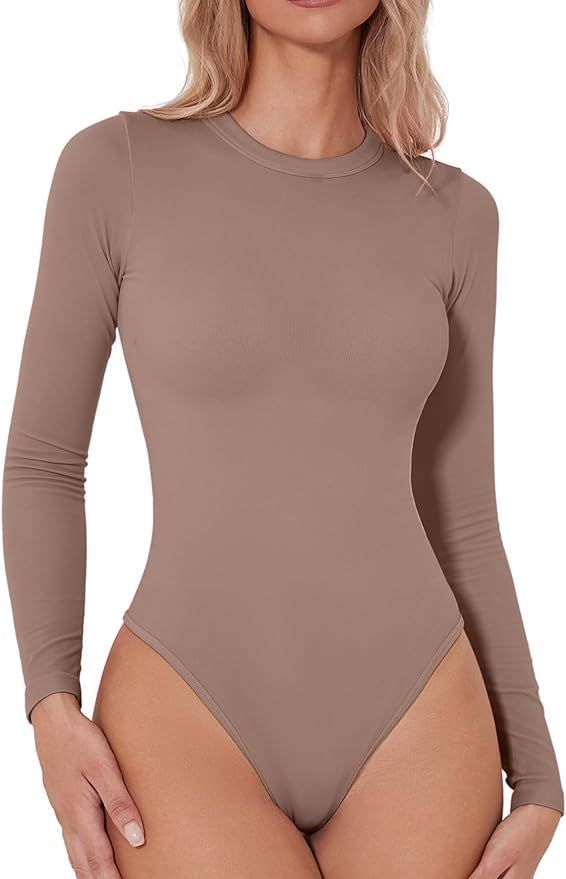 QINSEN Women's Seamless Long Sleeve Bodysuit Crew Neck Basic Stretch T Shirt Top | Amazon (US)