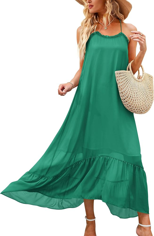 ANRABESS Womens Summer High Low Ruffle Maxi Dress Spaghetti Strap Print Flowy Beach Long Dress | Amazon (US)