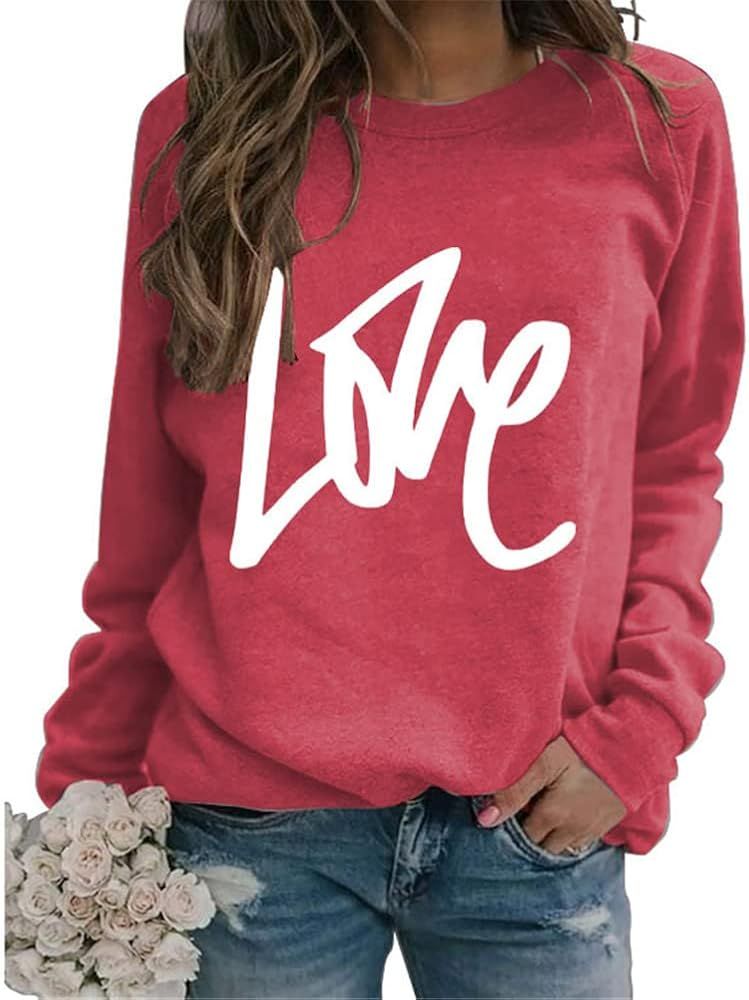 Women's Cute Heart Printed Shirt Long Sleeves Graphic Sweatshirt Valentine's Day Sweatshirts Pullove | Amazon (US)