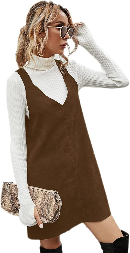 Milumia Women's Corduroy Overall Dress V Neck Sleeveless Solid Short Pinafore Dress | Amazon (US)