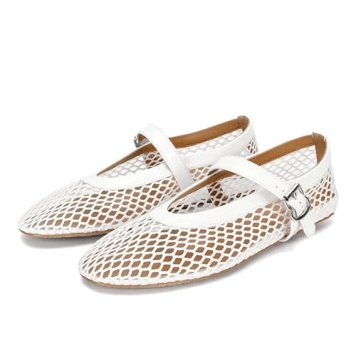 DOEYG Mesh Ballet Flats for Women Round Toe Mesh Flats Ballet Shoes Buckle Strap Mesh Mary Jane Flats Comfy Casual Office Summer Fishnet Ballerina Flats Shoes White | Amazon (US)