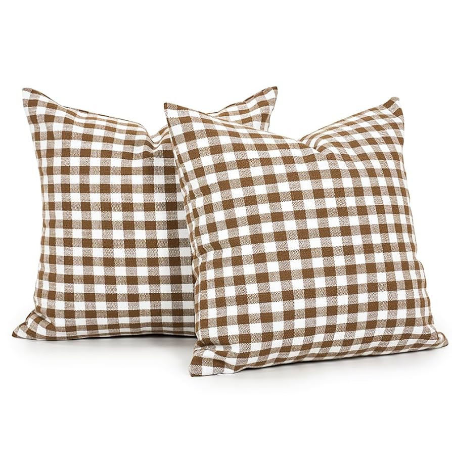 CARRIE HOME Farmhouse Brown and White Gingham Plaid Pillow Covers 18x18 Set of 2, Khaki Checkered... | Amazon (US)