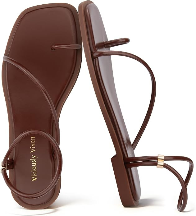 Womens Flats Loop Sandals Square Toe Strappy Ankle Strap Summer Flat | Amazon (US)