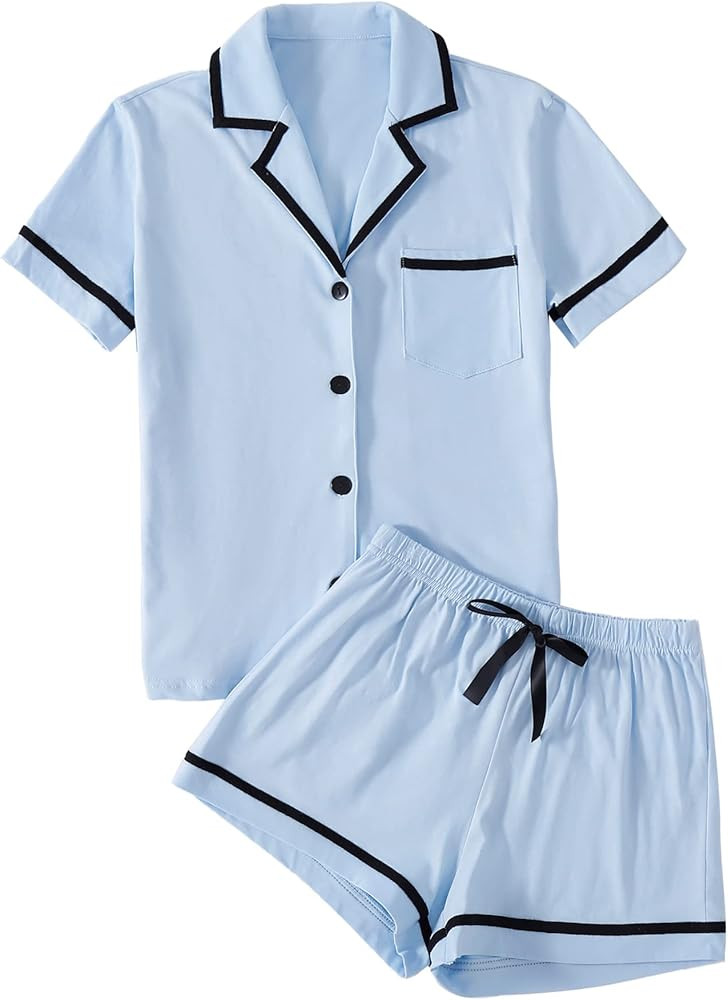 LYANER Women's Cotton Pajamas Set Button Short Sleeve Shirt with Shorts Set PJs Loungewear | Amazon (US)
