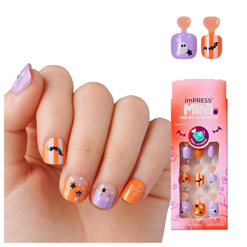 KISS imPRESS Mini Halloween Press On Nails for Kids, ‘Oh my Gourd’, Purple & Orange, Squoval,... | Amazon (US)
