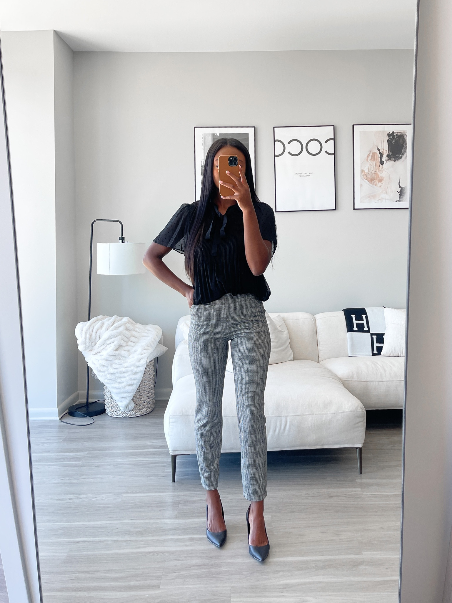 Workwear outfit from Nordstrom Rack! Black blouse, plaid trousers, black pumps 🖤

#LTKunder100 #LTKworkwear #LTKshoecrush