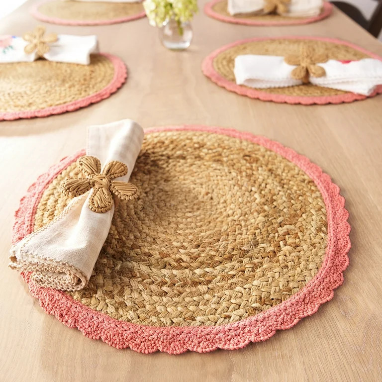 The Pioneer Woman 100% Jute Crochet Table Placemat, Natural & Pink, 15" Round | Walmart (US)