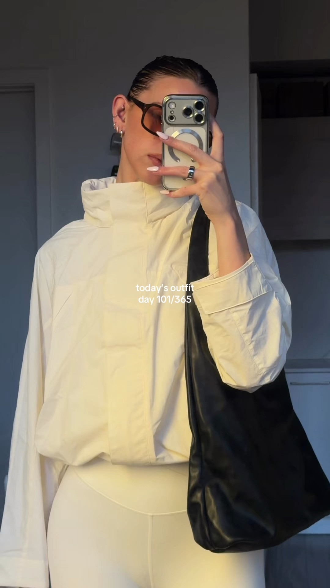 what I’m wearing today 🤍 casual spring outfit idea 
day 101 of 365 days of outfits 

@UNIQLO USA white windproof stand blouson jacket 
@WISKII white leggings 
@ASICS everyday chunky white sneakers (gel-1130)
@H&M black leather tote bag
@vehla brown tortoise chunky sunglasses 

#ootd #everydaylook #springoutfitideas #dailystyle #styleinspo 

#LTKActive #LTKootd #LTKgrwm
