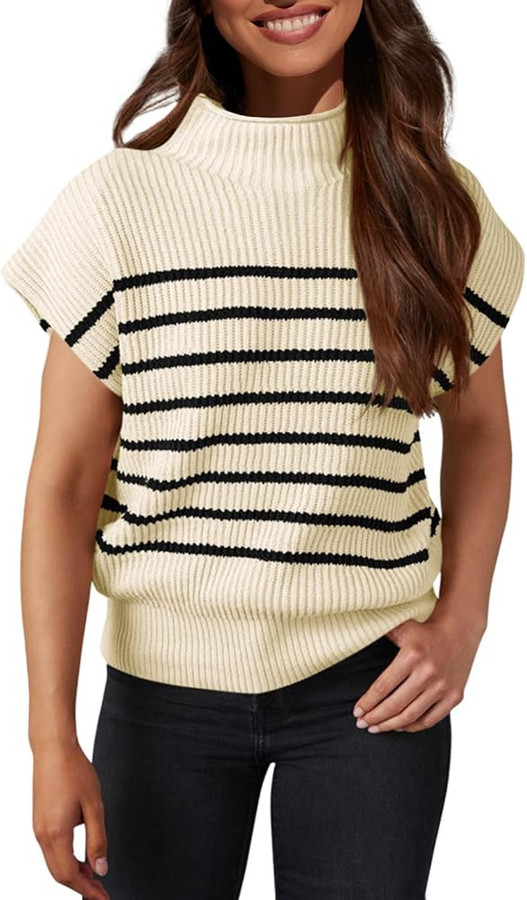 Saodimallsu Womens Striped Mock Neck Sweater Vest Casual Sleeveless Cap Sleeve Ribbed Knit Pullov... | Amazon (US)