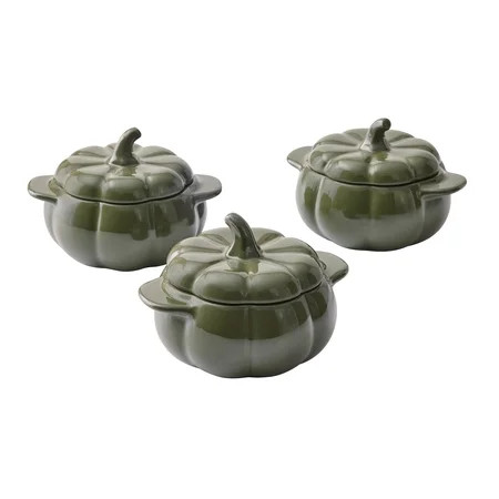 Better Homes & Gardens Green Figural Pumpkin Stoneware Cocotte with Lid, 3-Pack | Walmart (US)