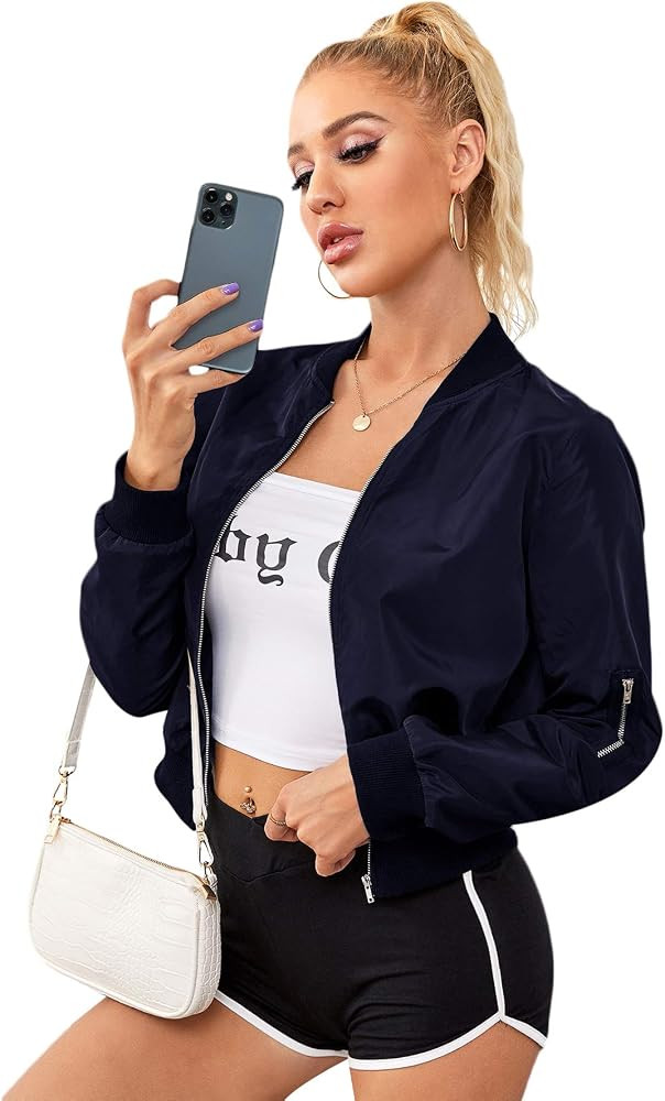 Romwe Women's Classic Solid Biker Jacket Zip up Crop Bomber Jacket Coat | Amazon (US)