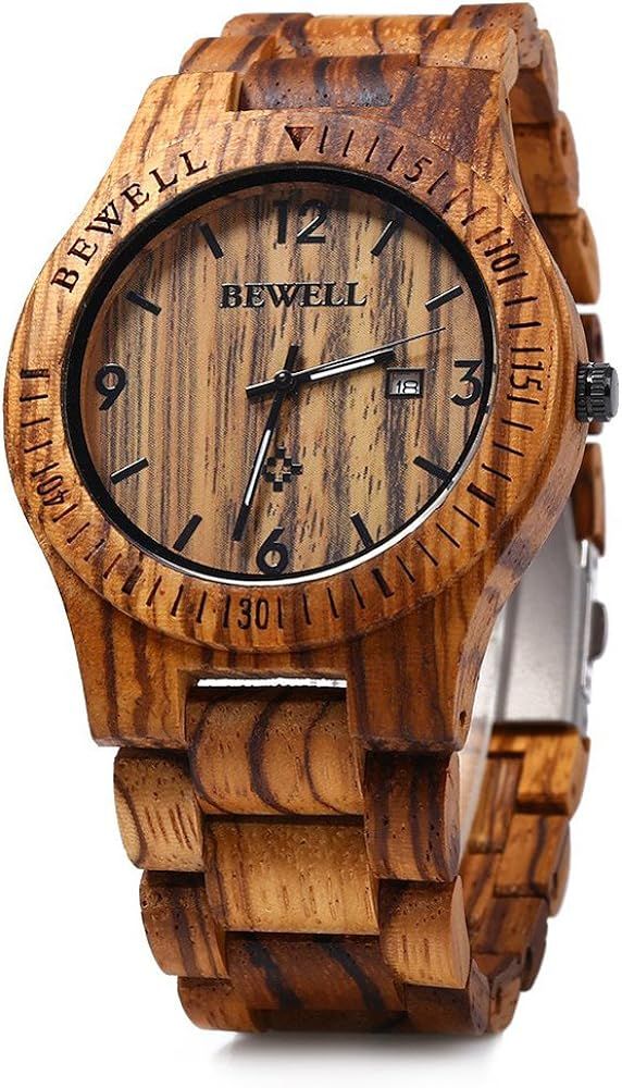 BEWELL ZS-W086B Wooden Watch Men Gifts Handmade Date Display Quartz Movement Analog Lightweight W... | Amazon (US)