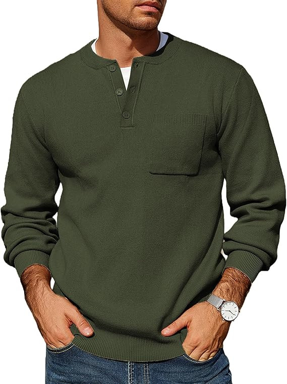 COOFANDY Men's Henley Knit Shirt Long Sleeve Soft Pullover Sweater with Chest Pocket | Amazon (US)