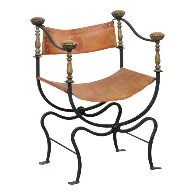 Early 20th Century Italian Curule Savonarola Iron & Embossed Leather Chair | Chairish