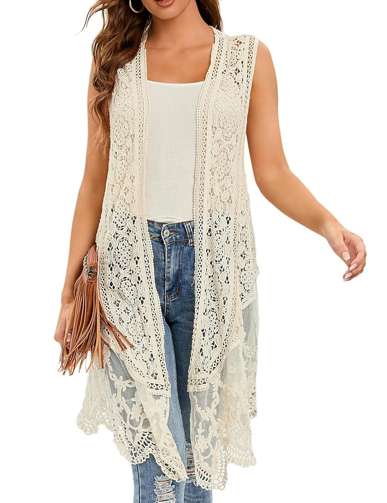 Sheer Cardigan Crochet Sleeveless Cover Up Mesh Patchwork Hippie Vest | Amazon (US)