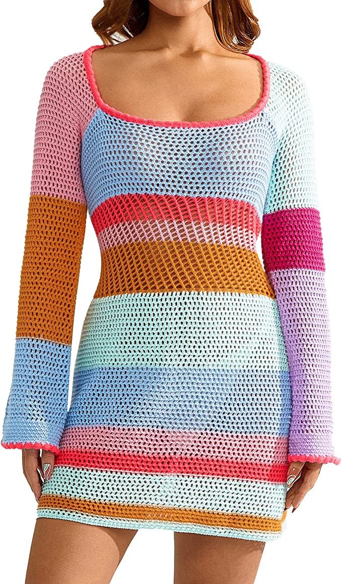 Huppeiiy New Women Sexy Crochet Knitted Dress Summer Beach Hawaii Dress | Amazon (US)