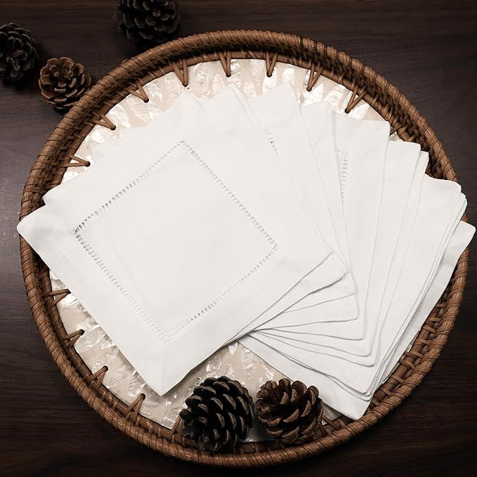 100% Linen Cocktail Napkins White 6“x6 Ladder Hemstitch - A Dozen Cloth Napkin Coasters for Hol... | Amazon (US)