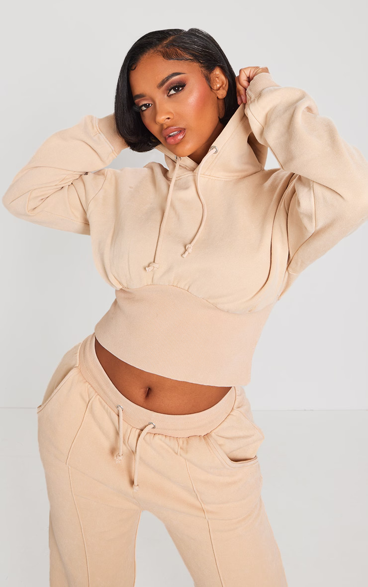 Shape Oatmeal Sweat Cropped Shirred Waist Hoodie | Shape | PrettyLittleThing US
