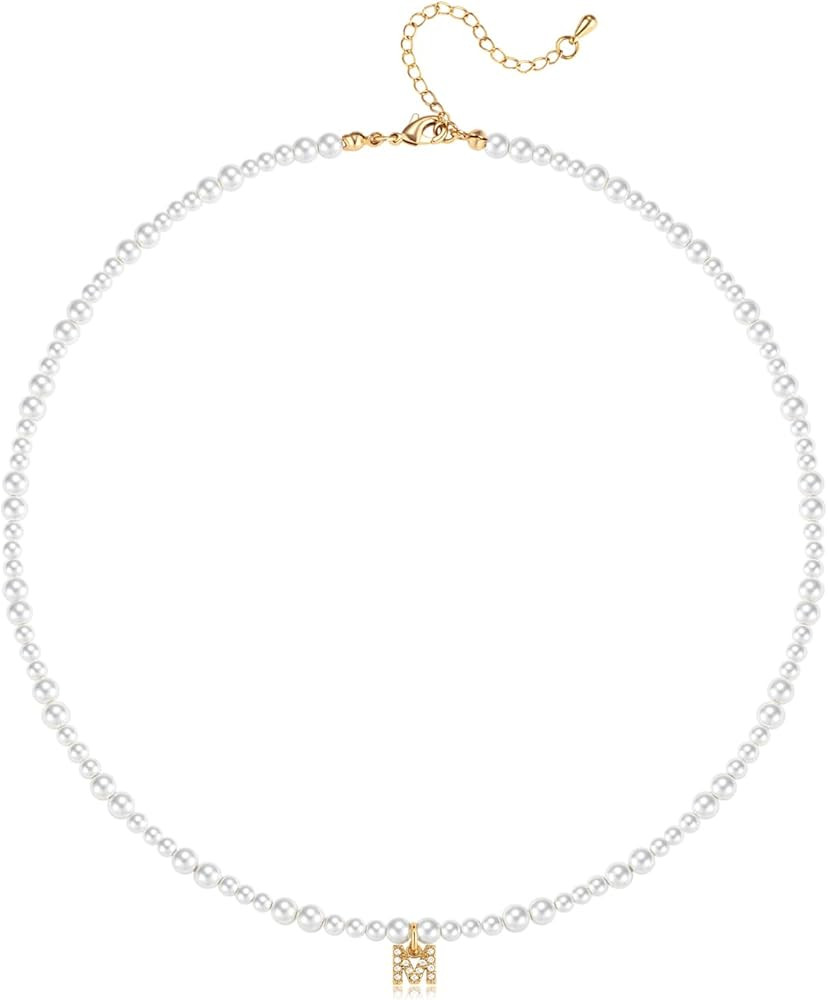 Initial Pearl Necklaces for Women 14K Gold Plated Dainty Pearl Chain Necklace Initial Charm Penda... | Amazon (US)