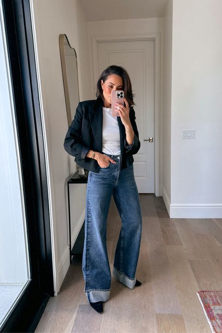 Lucy’s Whims in cropped tuxedo blazer and Agolde cuffed jeans 🖤 
Jeans run big, size down! 

#LTKover40 #LTKshoecrush #LTKstyletip