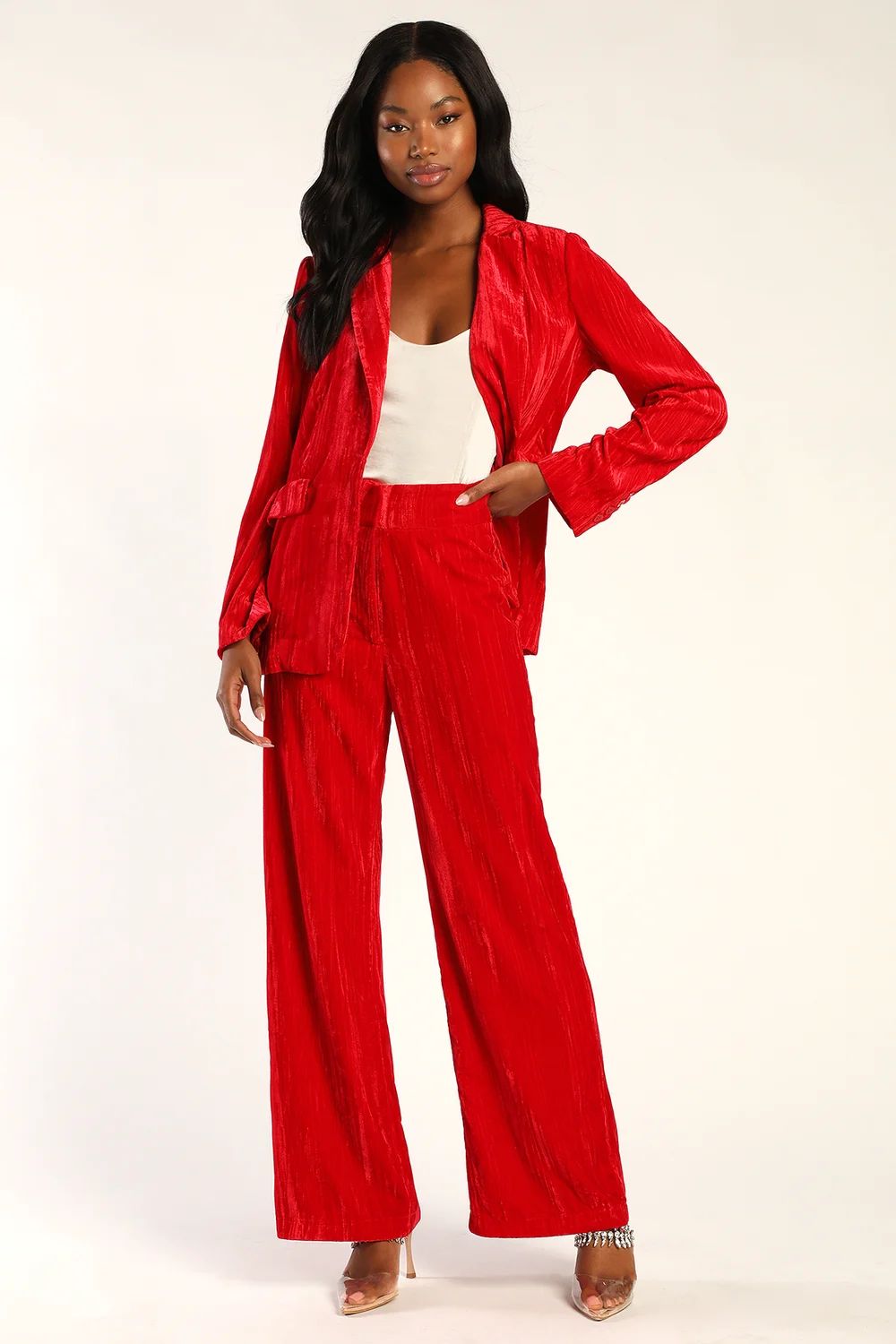 Taking the Reigns Red Crushed Velvet High-Waisted Wide Leg Pants | Lulus (US)