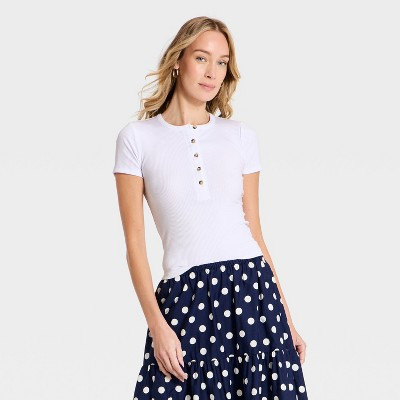 Women's Short Sleeve Split Neck Henley Shirt - Universal Thread™ White L | Target