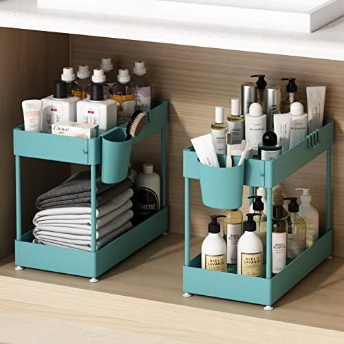 Under Sink Organizer, Under Bathroom Cabinet Storage 2 Tier Under Sink Storage Rack with 6 Hooks,... | Amazon (US)