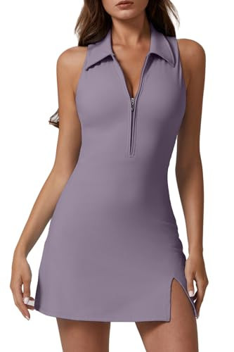QINSEN Athletic Dress with Pockets Zip Front Polo Neck Tennis Dresses with Build in Shorts Twilight Purple XL | Amazon (US)