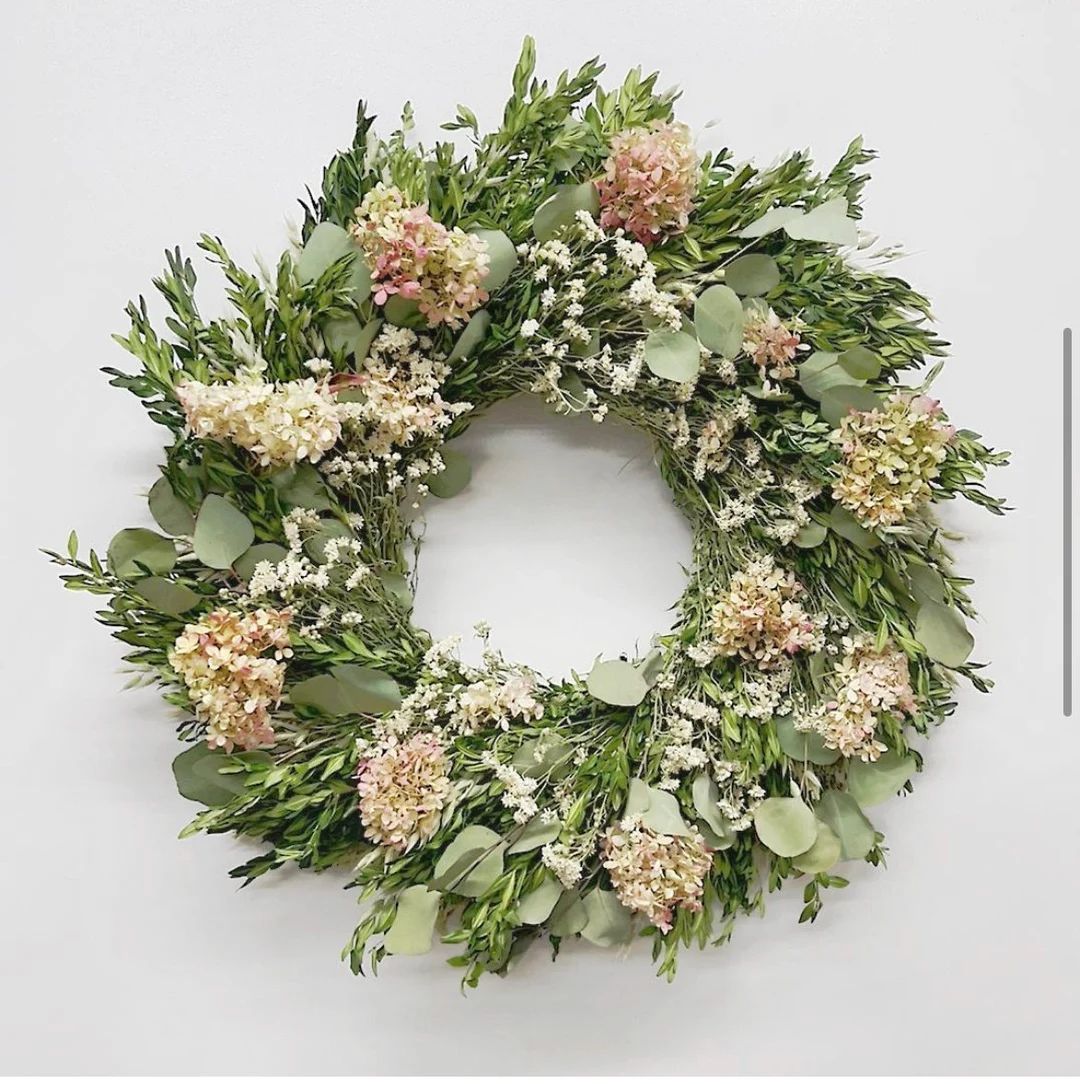Summer Romance. Eucalyptus & Pink Hydrangea dried flower wreath - 22 inch - summer garden wreath | Etsy (US)