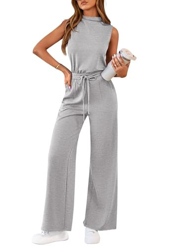 PRETTYGARDEN One Piece Jumpsuits for Women Dressy Summer Business Casual Outifts Sleeveless Mock Neck Wide Leg Rompers(Grey,XX-Large) | Amazon (US)