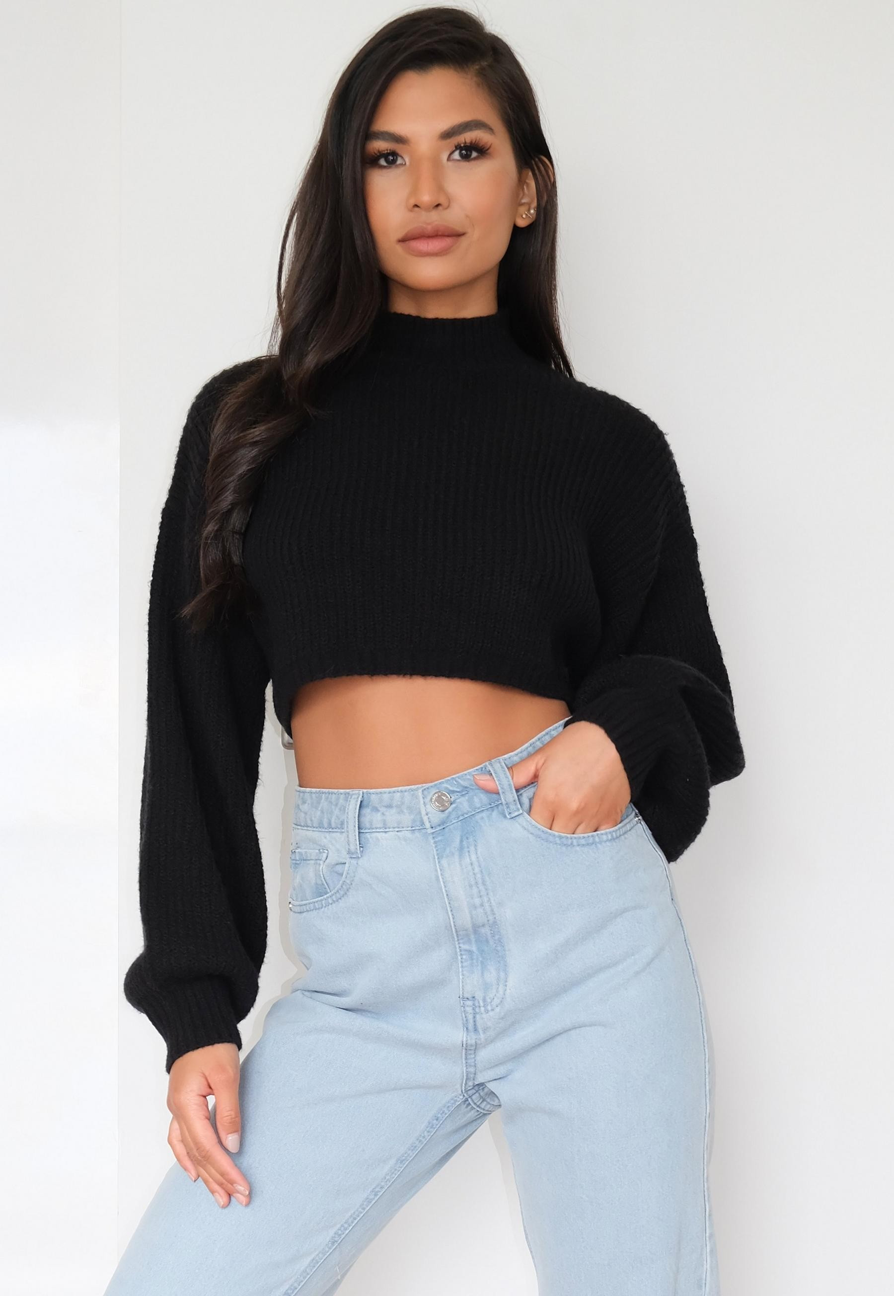 Black High Neck Balloon Sleeve Cropped Boyfriend Sweater | Missguided (US & CA)