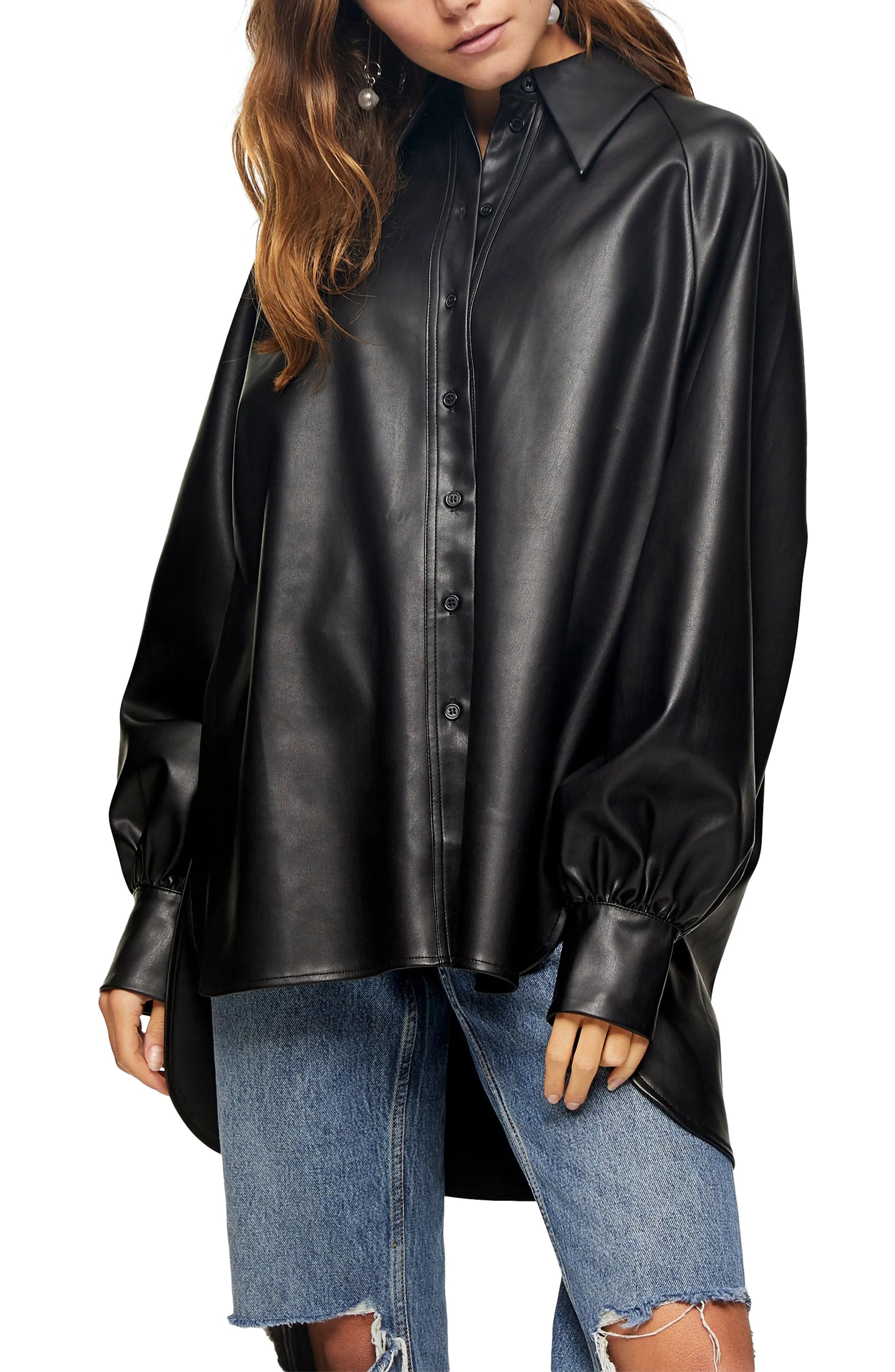 Women's Topshop Oversize Faux Leather Button-Up Shirt, Size 10 US - Black | Nordstrom