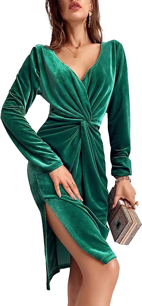 2021 Sexy Twist Tie Knot Bodycon Ruched Velvet Dress Slit Sheath Dress Cocktail Party Evening Clu... | Amazon (US)