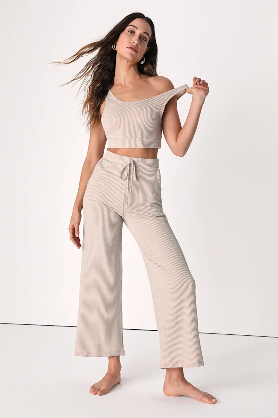 Sweet Slumber Beige Ribbed Two-Piece Pajama Set | Lulus (US)