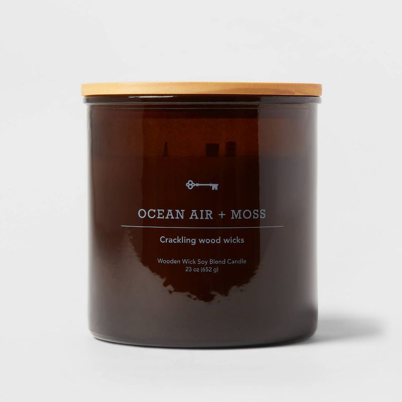 23oz XL 3-Wick Ocean Air + Moss Wooden Amber Glass with Wood Lid and Stamped Logo Amber - Thresho... | Target
