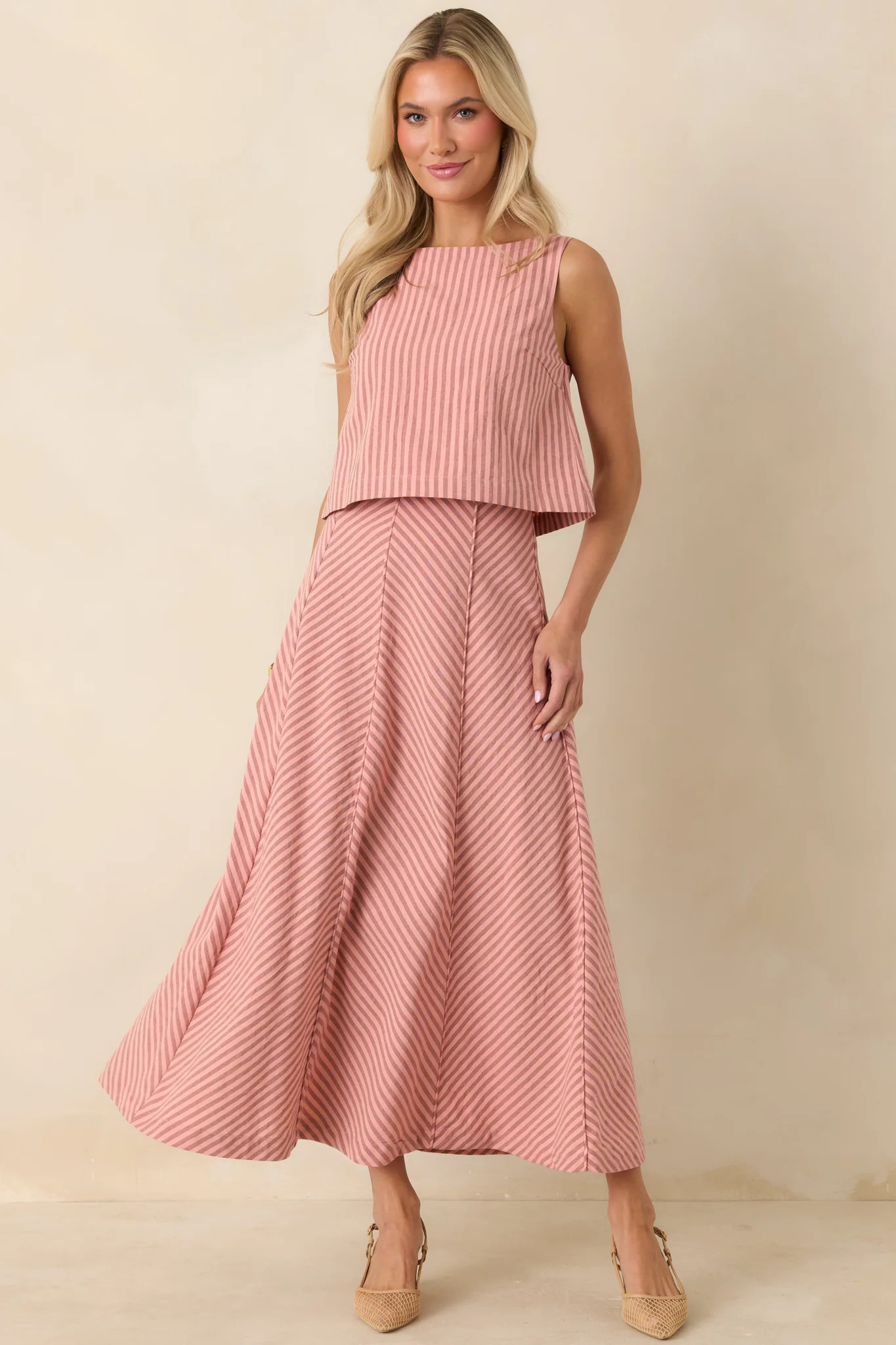 MINKPINK Paloma Coral Pink Stripe Cotton Linen Low-Back Top | Red Dress